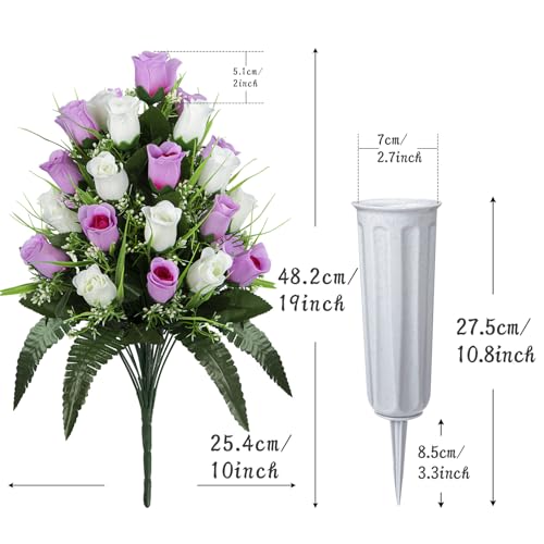 XONOR 2 Sets Artificial Cemetery Flowers, Grave Decorations Roses, Memorial Flowers Bouquet with Vase for Grave Cemetery Decoration (Pink &White) - color: Pink &White