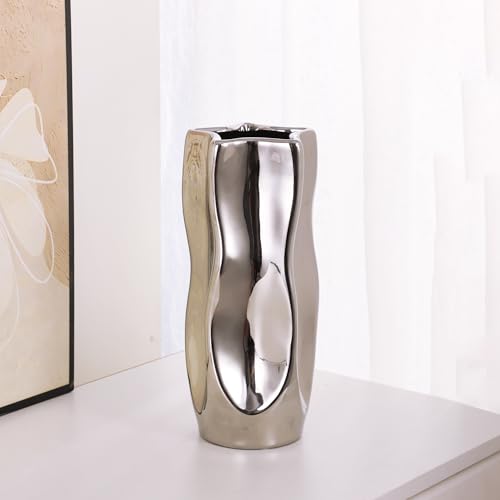 Wave Ceramic Vase - Modern Silver Shiny Finish, Pentagon Shape for Dried Flower Arrangement for Living Room Bedroom Office Decor, Medium, 9" H - size: Medium 9.05"