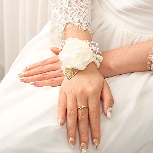 Wedding Bride Rose Wrist Corsage White Bridesmaids Silk Wrist Flower Flowergirl Hand Floral Decor Bridal Prom Party Accessories for Women and Girls (White) - color: White