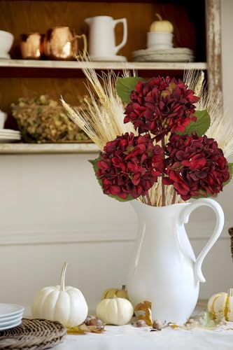 Hollyone 3Pcs Dark Red Hydrangea Artificial Flowers Faux Dried Touch Hydrangeas Silk Flowers with Stems Fake Fall Florals Flower for Home Wedding Table Centerpiece Vase Arrangements Fall Decorations - color: Red - Dried Hydrangea