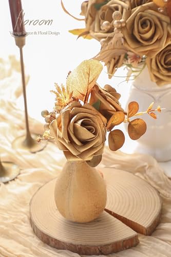 Floroom Artificial Flowers 25pcs Real Looking Antique Gold Foam Fake Roses with Stems for DIY Wedding Bouquets Bridal Shower Centerpieces Floral Arrangements Party Tables Home Decorations - color: Antique Gold, size: 25Pcs
