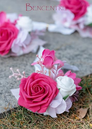 Hot Pink Wrist Corsage for Wedding(Set of 6), Wrist corsages for Prom,Party Prom Hand Flower Decor,Mother of The Bride Corsage,Bridesmaid Wrist Corsage - color: Hot Pink