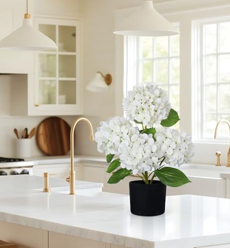 Hollyone White Hydrangea Artificial Flowers in Pots 19.7" Four-Head Faux Silk Hydranges Flower Arrangements for Indoor Home Office Kitchen Table Centerpieces Wedding Decorations - color: White, size: 4 Head Hydrangea