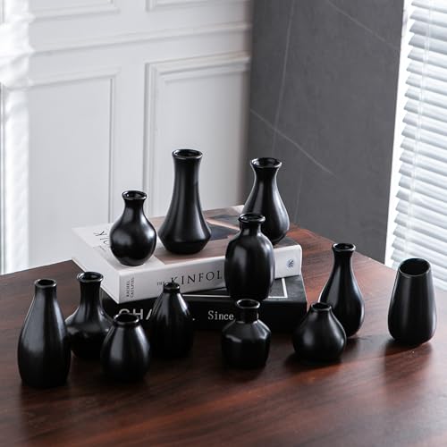Black Ceramic Bud Vase Set of 12 Glossy Modern Flower Vases | Elegant mini ceramic vases for home decor, wedding centerpieces, dining tables, shelves and modern interior styling - color: Black - 12 Pcs