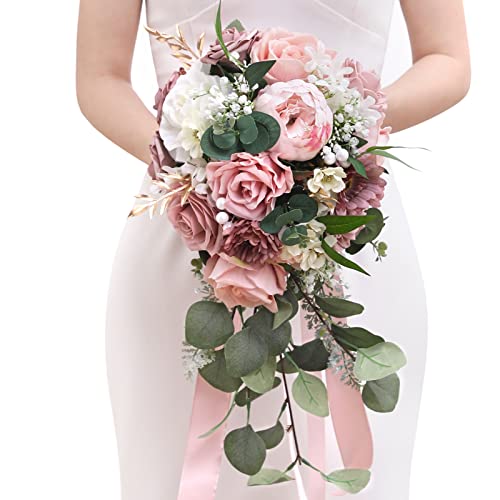 Serwalin 9.8 Inch Wedding Bouquets for Bride Bridesmaid, Dusty Pink Peonies Bridal Bouquets for Bride, Wedding Flowers Bouquet Tossing Bouquet, Wedding Ceremony and Anniversary Day Decor - color: A Athens Dusty Pink