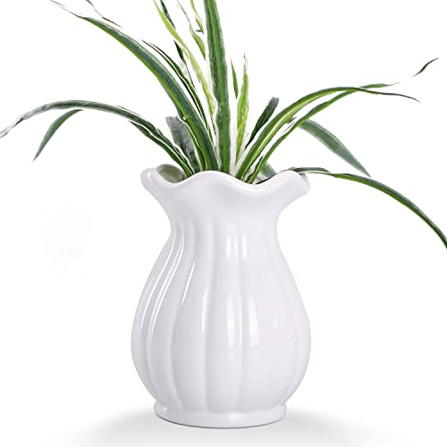 VanEnjoy 6 inch Modern Ribbed Design Small White Ceramic Decorative Tabletop Centerpiece Vase Flower Pot -White Lotus Flower - style: Asian