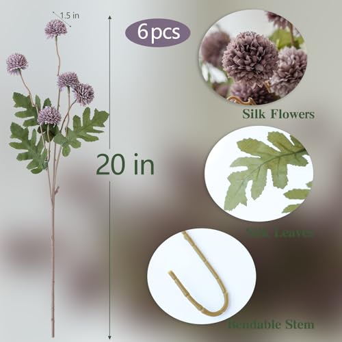 mizii 6Pcs Fake Silk Pompon Mum Artificial Flowers Bulk Small Faux Chrysanthemums with Stems Realistic Floral Decorations for Wedding DIY Bouquet Centerpieces Shower Vase Home Decor (Gray Purple) - color: Gray Purple