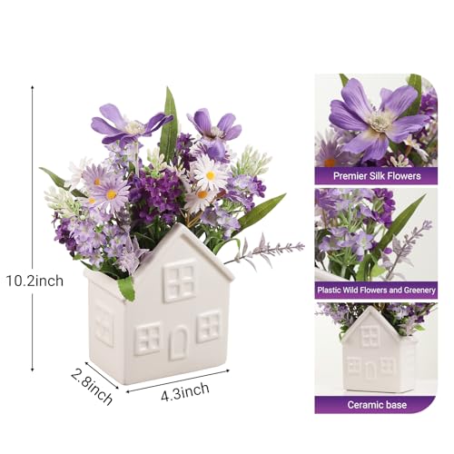 Small Fake Flowers Plants, Mini Artificial Lavender Flowers Purple Daisy in Ceramic Pot, Faux Potted Plants for Centerpiece Table Decorations Home Office Bathroom Tabletop Spring Decor
