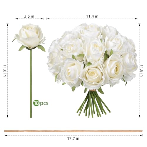 Ivydale 18pcs White Roses Artificial Flowers, Fake Roses Silk Flowers with Stems Realistic Bouquet for Wedding Party Mother's Day DIY Centerpiece Floral Romantic Gifts - color: Rose-white