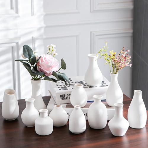 White Ceramic Bud Vase Set of 12 DIY Matte Flower Vases | Modern mini ceramic vases for home decor, wedding centerpieces, farmhouse shelves, mantel display and creative DIY styling - color: White - 12 Pcs