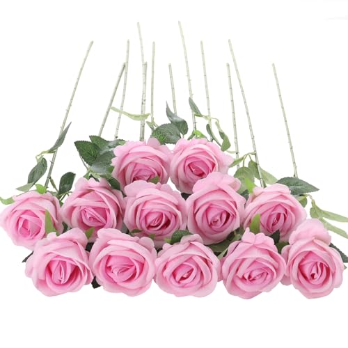 12Pcs Pink Roses Artificial Flowers Fake Roses Faux Velvet Silk Flower for Home Wedding Decoration (Pearl Rose, Gradient Pink) - color: Pearl Roses - Pink 12p