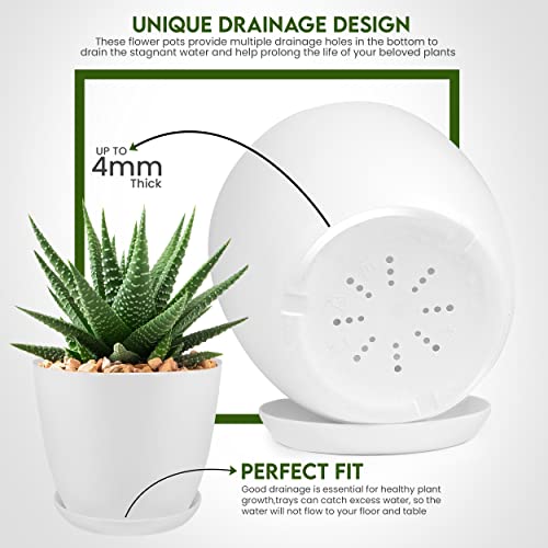 Utopia Home Plant Pots Indoor with Drainage Holes – Set of 5 White Plastic Flower Pots (7/6.6/6/5.3/4.8 Inch) – Modern Planters for Indoor Plants, Room & Office Décor, Great Stocking Stuffers - color: White, size: Pack of 5