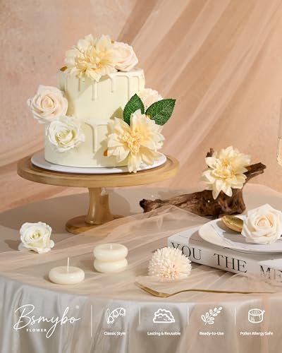 BSMYBO White Flower Artificial Roses Faux Flowers with Stems Mix Fake Roses Dahlia Chrysanthemum Ball for Wedding Bridal Bouquets, Table Centerpieces, Baby Shower, Party, Home Decorations - color: Ivory, size: PureBlooms