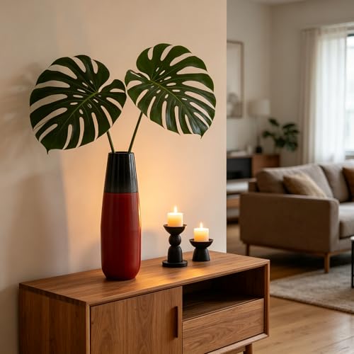 Hosley Metal Flower Vase 16 Inch High - Elegant Coffee Table Decor and Table Decor Accent for Side Tables and Dried Floral Arrangements Ideal for Gifts - color: Red & Black