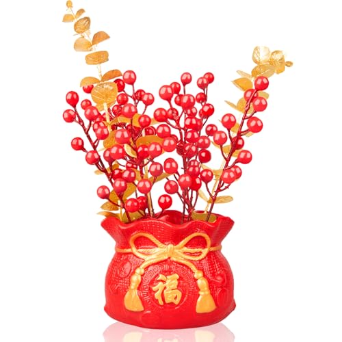 Chinese New Year Bonsai Tree Artificial Spring Festival Flower Pot Table Ornament Red Blessing Bucket Gold Berry Flower Arrangement Artificial Branches Fortune Lucky Tree for Indoor Home Decor - color: Red New Year-1