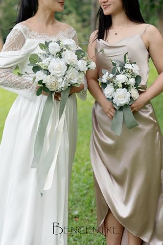 10 Inch White&Greenery Bridal Bouquet,Wedding Bouquet,Bride Bouquets for Wedding Ceremony Anniversary, Party and French Rustic Vintage Wedding,Artificial Flowers… - color: White & Greenery, size: 10 Inch