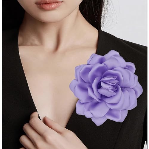 Large Flower Brooches Lapel Pins for Women Satin Fabric Brooches Big Camellia Flower Brooch Pins Wedding Part Dance Clothes Accessories Jewelry Gifts - color: purple