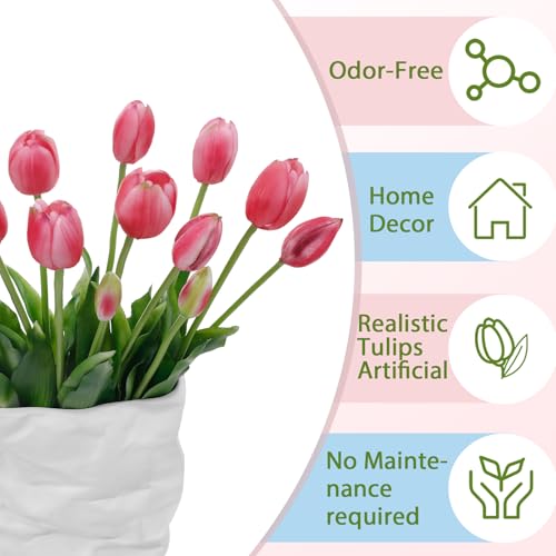 15 Pcs Deep Pink Artificial Tulips Fake Flowers, Premium Latex Lifelike Texture, UV Resistant Waterproof Faux Tulip Bouquets with Snap-on Petals for Outdoor, Home, Wedding Decor - color: Deep Pink