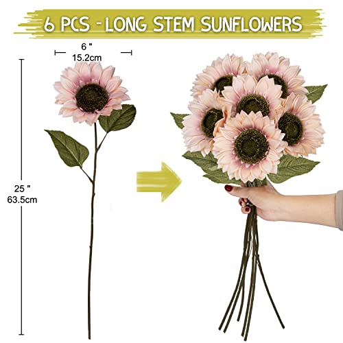 Hollyone Large Silk Pink Sunflowers Artificial Flowers 26" Long Stem Artificial Sunflower 6 Pcs Tall Fake Sun Flowers Vintage Faux Sunflowers Bulk with Stem for Home Wedding Birthday Party Decor - color: Rust Pink