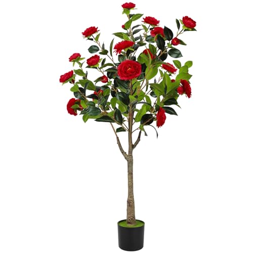 47” Artificial Camellia Tree with Blooming Red Flowers, Artificial Tree for Indoor Outdoor, Faux Camellia Tree for Modern Home Office Floor Porch Decor, Free Maintenance - color: Red