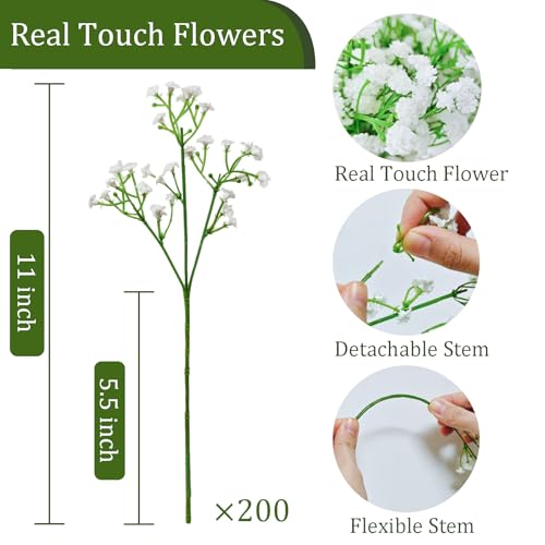 200Pcs Babys Breath Artificial Flowers-Gypsophila Babys Breath Flowers Artificial Bulk-White Real Touch Fake Flowers for Wedding Home Garden Decor - size: 200 Pcs