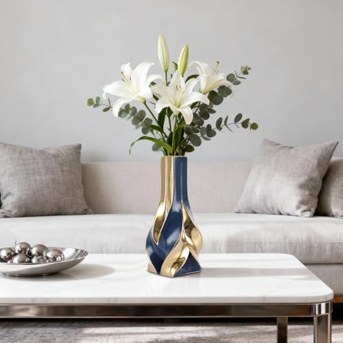 10.6" Blue and Gold Ceramic Vase, Modern Geometric Flower Vase for Dining Table Centerpiece, Elegant Decorative Vase for Pampas Grass, Living Room, Bedroom, Office, Tabletop Decoration - color: Blue Gold
