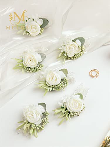 6pcs White Faux Silk Rose Wrist Corsages for Woman Wedding Prom | White Artificial Wrist Corsage for Wedding Prom Homecoming Anniversary Formal Party Engagement for Bride Bridesmaid - color: White3# Wrist Corsage (6 Piece)