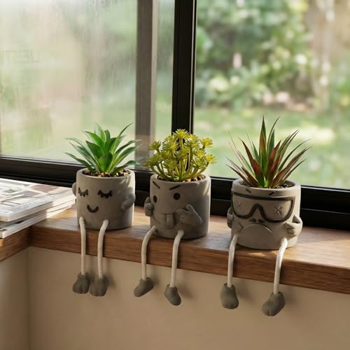 Set of 3 Artificial Succulents Potted Plants Faux Succulents Desk Decoration Fake Mini Plants in Grey Pots Faux Plants Kitchen Shelf Desk Decor Small Bathroom Decor for Shelves - color: 3set-cool