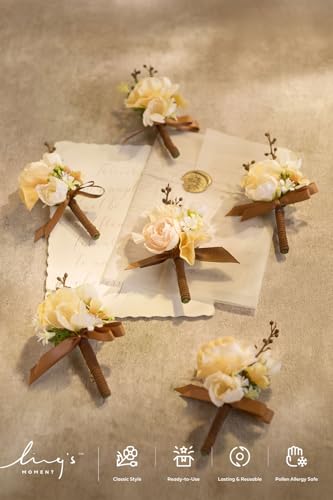 Ling's moment Boutonniere for Men, 6pcs Groom Groomsmen Boutonniere, Artificial Flowers for Wedding Decor/Prom/Homecoming, etc.Earth Brown & Butter Yellow - color: Earth Brown & Butter Yellow