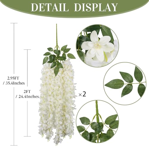 2PCS Cream Wisteria Hanging Flowers, 2.95ft Wisteria Garland with 5 Branches Realistic Silk Hanging Flowers for Decoration, Wedding Arch, Party Backdrop, and Home Wall Decor - color: Cream