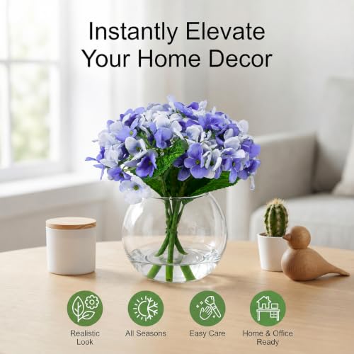 2 Pcs Hydrangea Artificial Flowers - Fake Flowers Real Touch Floral Arrangement with Faux Water in Glass Vase, Home, Bathroom and Office Table Centerpiece Decor