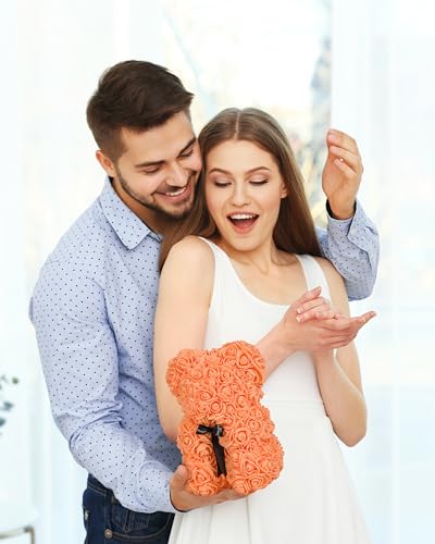 DuHouse Rose Bear Rose Teddy Bear Flower Gift Black Box for Valentines Gifts Anniversary Christmas,Birthdays Bridal Showers -Fully Handmade 10 inch Flower Bear Clear Gift Box (Orange) - color: Orange