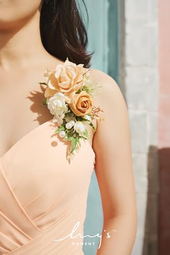 Ling's moment 2pcs Prom Wrist/Shoulder Corsage Artificial Flower, Girl/Mother Homecoming/Wedding Corsage Wristlet Décor, etc. Yellow Orange Peach - color: Or-yellow Orange & Peach