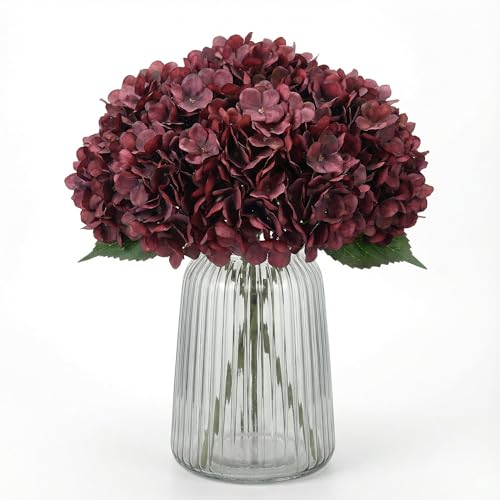 6PCS Artificial Fake Flowers Plants Silk Hydrangea 1 Flower Head Arrangements Wedding Bouquets Decorations Plastic Floral Table Centerpieces Home Kitchen Garden (Dark Red) - color: Dark Red
