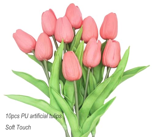 10-Heads Artificial Flowers PU Mini Real Touch Tulip Bouquets for Home Wedding Party Centerpiece Decoration (Coral) - color: Coral