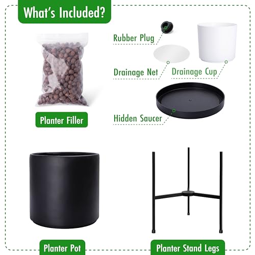 D'vine Dev Modern Black Plants Pot Cylinder Planter with Heavy Duty Stand, Small 8 Inch Pot, 12.6 Inch with Stand Height, 96-T-B-1 - color: Black, size: Small 8 Inch