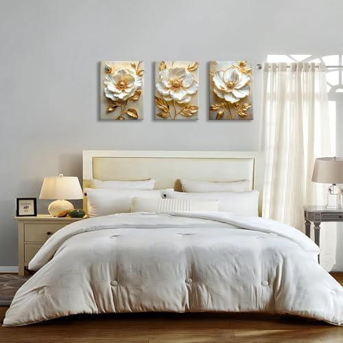 WENGTIAO Modern White Floral Golden Leaves Canvas Wall Art Set, Neutral 3d Flowers Wall Painting Pictures Boho Beige Blossom Wall Decor Posters Print Artwork for Bedroom Living Room Office 12x16x3Pcs - color: Flower-golden leaf, size: 12"x16"x3Pcs