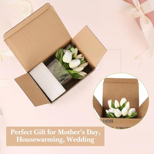 White Artificial Tulips in Vase with Faux Water, 7.4 Inch Real Touch Fake Tulips, Small Flower Arrangement in Cube Glass Vase for Mother's Day, Table Centerpiece, Wedding, and Home Decor - color: White, size: Tulip, PU