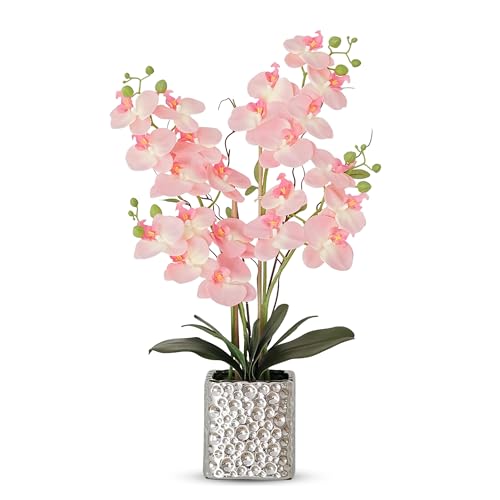Orchid Artificial Flowers with Sliver Vase Large Silk Faux Phalaenopsis Flowers for Dining Room Table Floral Centerpieces Indoor Decoration,Pink - color: 1302-pink