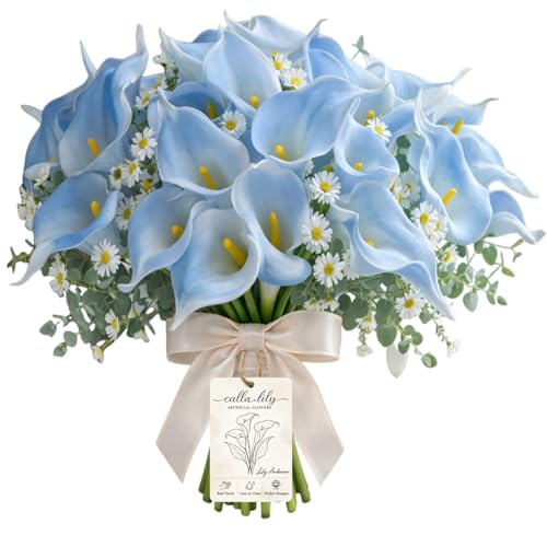 White Calla Lily Artificial Flowers 12/24/30 Pcs with Eucalyptus Leaves and Daisies, Real Touch Faux Calla Lilies Bouquet for Wedding Party Home Decor Memorial Display (Blue, 24PCS) - color: Blue, size: 24PCS