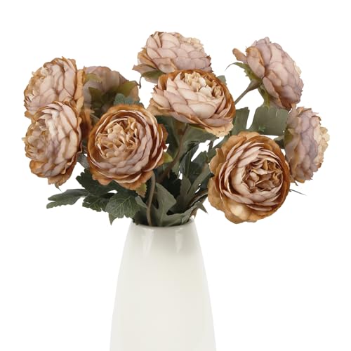 IPOPU 10pcs Coffee Peonies Artificial Flowers Real Touch Silk Peonies with Stems Real Look Fake Peony for Home Wedding Hotel Office Party Centerpiece Decorations - color: Coffee