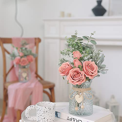 Faux Flowers with Vase,Artificial Silk Roses in Vase, Fake Plant Eucalyptus Flower Arrangement for Home Office Farmhouse Bathroom Dining Table Centerpiece Decorations Coffee Table Decor (Dusty Pink) - color: Dusty Pink