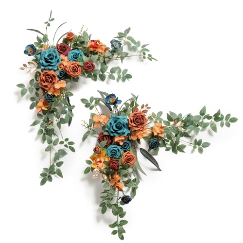 Ling's moment 2PCS Burnt Orange Artificial Flower Garland Wedding Arch Flowers Floral Swags Centerpieces Teal Blue Rose Terracotta Garlands Greenery for Table Easel Wall Entryway Board Backdrop - color: Or-teal & Terracotta
