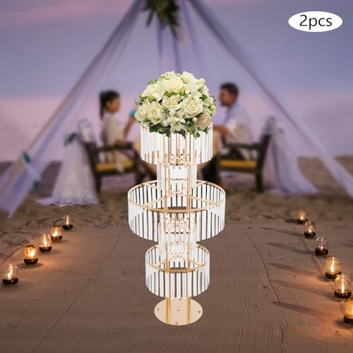 2Pcs 5 Tiers Wedding Centerpieces Vase, 43.3" Tall Wedding Centerpieces Crystal Flower Stand, 5-Tier Crystal Vase with 11" Round Base for Party Event Home Decoration (Gold) - color: Gold+round Base