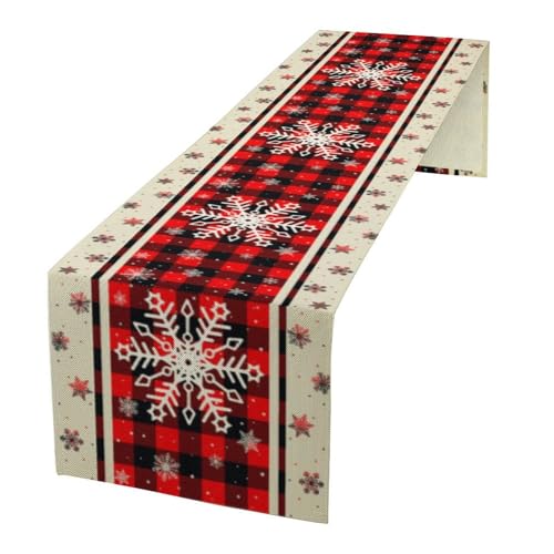 Snowflakes Christmas Table Runner Buffalo Plaid Winter Holiday Theme Art Printed Dinner Runner for Home Party Kitchen Dining Table Decor Fabric 1 Panel W13xL36in - color: Christmas, size: 13"W x 36"H