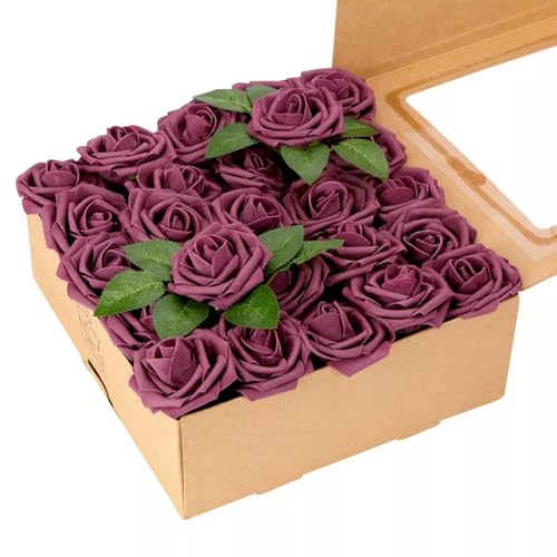 Artificial Purple Foam Roses with Stems & Leaves - Pack of 50, Perfect for Wedding Centerpieces, Event Decor, DIY Bouquets, and More - color: Purple