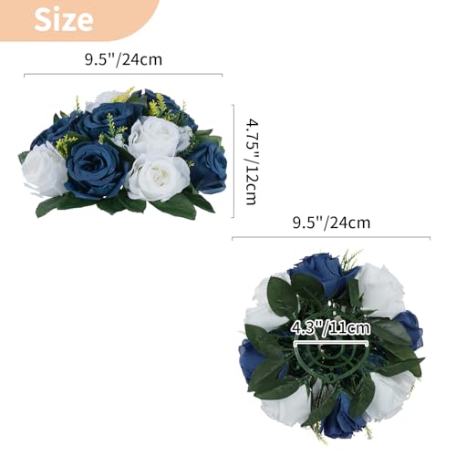 NUPTIO Artificial Flower Centrepieces for Tables - 2 Pcs 9.5in Diameter Navy Blue & White Fake Flowers Roses Balls - Silk Faux Rose Arrangement for Wedding Party Centerpiece Table Decorations - color: Navy Blue & White, size: 2 Pcs