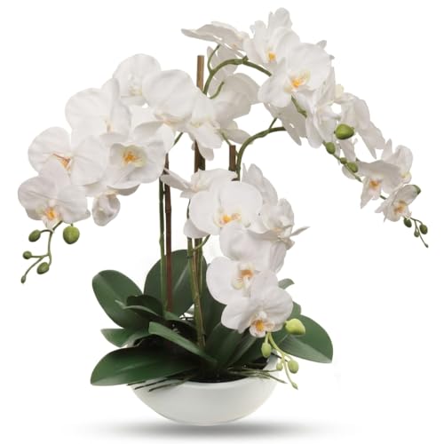 Larksilk 20" White Phalaenopsis Orchid in White Round Pot - Realistic Faux Orchid Arrangement