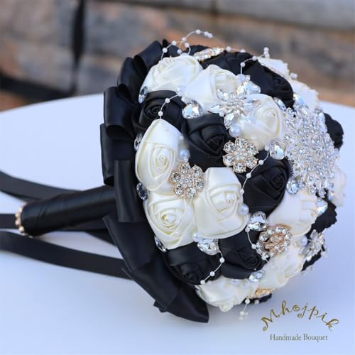 8.7" Black & Ivory Bridal Wedding Bouquet Round Holding Bouquet Throw Toss Artificial Rose Flower Bunch for Bride Bridesmaid Wedding Quinceanera - color: Black & Ivory, size: Medium (Dia. 8.7"/22cm)