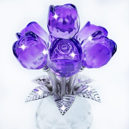 TWINKLING Crystal Roses Figurine with Round Vase, Glass Rose Crystal Flowers Bouquet, Birthday, Anniversary,Wedding, Home Décor,Silver Leaf (Purple) - color: Purple(silver Leaf)